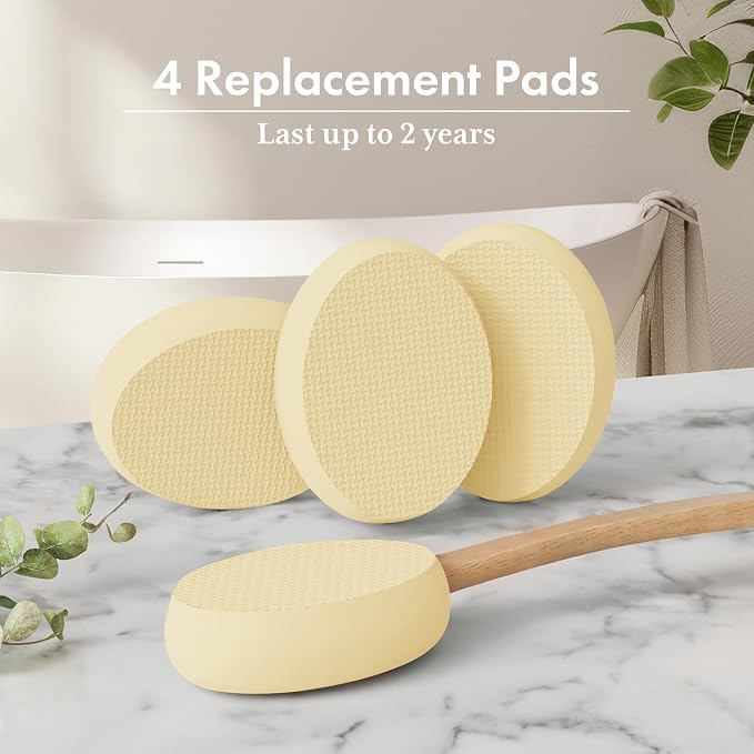 AmazerBath Lotion Applicator for Back, Feet, 4 Replacement Pads with 17" Curved Handle, Back Sunscreen Applicator for Kids, Elderly, Apply Skin Cream Medicine Moisturizer Tanner, Light Beige Yellow