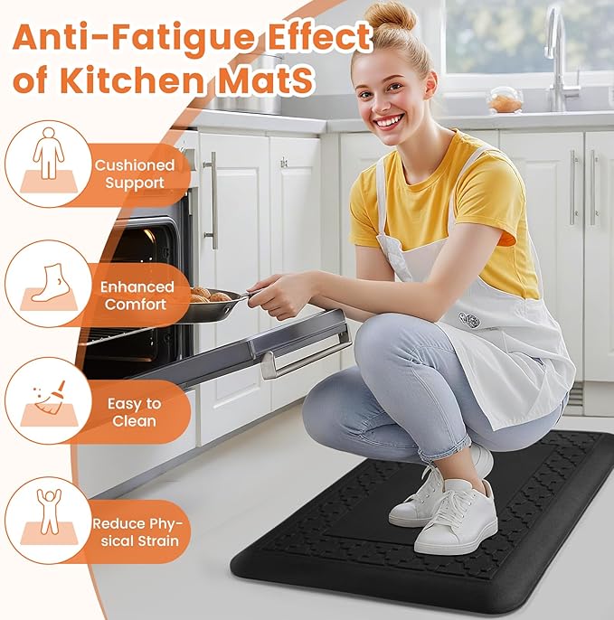4/5 Inch Thicker Kitchen Mats for Floor Non-Slip Anti Fatigue Comfort Mat Waterproof Kitchen Rug for Sink, Office,Home Stain Resistant Standing Desk Rugs-17.3"x 28", Black