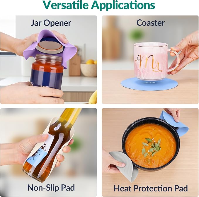 NIHOME Silicone Jar Opener – 6 Inch Large Anti-Slip Grip Pads, Premium 100% Food-Grade Silicone, Stylish Designer Colors, Multi-Purpose Heat-Resistant Mat & Coaster, Set of 4 (Morandi Colors)