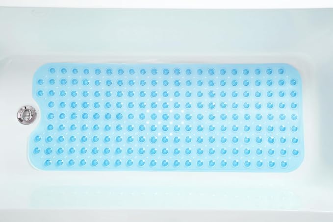 Extra-Long Non-Slip Bathtub & Shower Mat 39”x16” (Smooth/Non-Textured Tubs Only) Safe, Clean, Machine-Washable, Superior Grip&Drainage, Vinyl, Transparent Light Blue