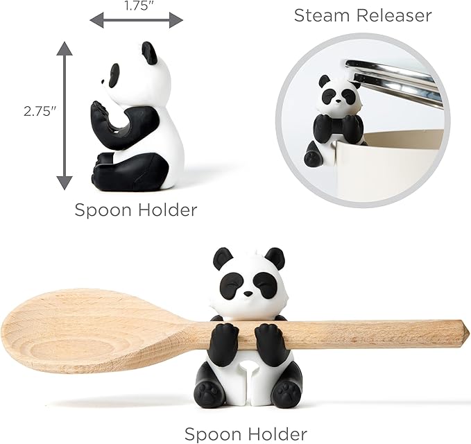 Panda Spoon Rest for Stove Top – Silicone Pot Clip Utensil Holder & Lid Lifter – Funny Kitchen Gadget, Unique Panda Bear Gifts for Women – 1.75" x 2.75"