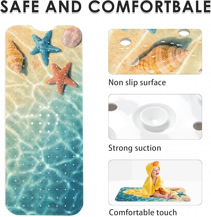 Seashell Summer Beach Bath Mat Non Slip, Starfish Blue 40 X 16 Inch Extra Long Bathtub Shower Mat for Tub Anti Slip with Suction Cups and Drain Holes for Kids Adults Elderly