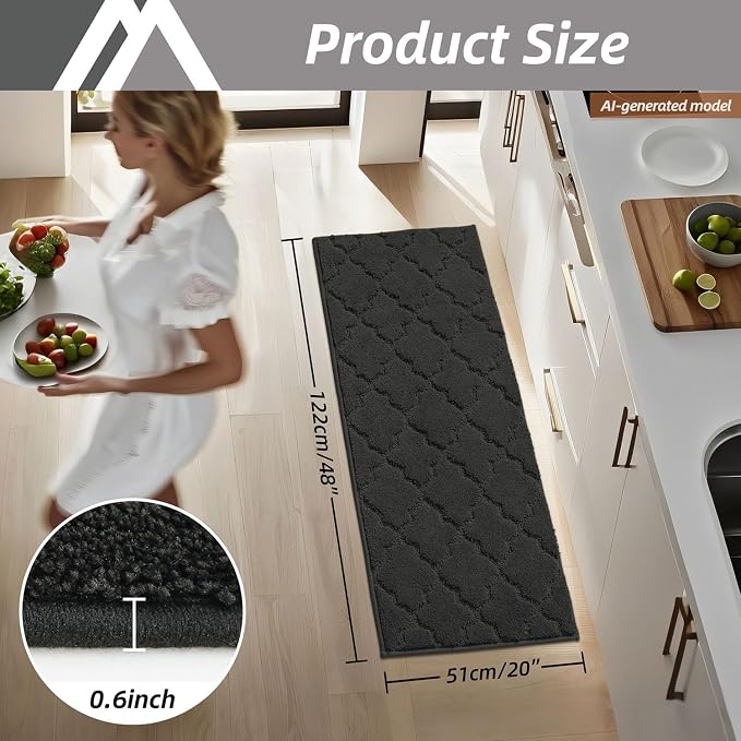 COSY HOMEER-Kitchen-Rugs 20"x48" Non-Slip Absorbent Soft Kitchen Runner Rug Polyester Kitchen Mats for Floor Washable Kitchens Standing Floor Mat for Sink Mat,Hallway,Laundry,Black