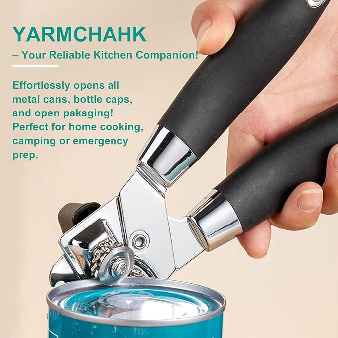 Multifunctional Stainless Steel Manual Can Opener and Bottle Opener, Heavy Duty Hand Held Can Opener with Easy Turn Knob, Sharp Blade Smooth Edge, Good Grips Kitchen Tool for Seniors (Black)