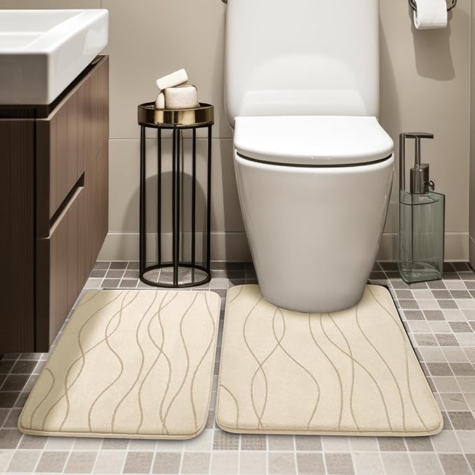 YIHOUSE Memory Foam Bathroom Rug Sets, Khaki, 2 Piece-U Shape & Small Mat | Ultra Soft, Absorbent, Non-Slip, Machine Washable
