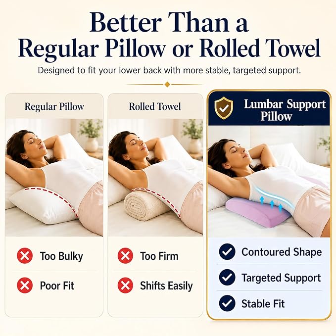 vamorry Throw Pillows Lumbar Support Pillow for Bed – Memory Foam Waist Pillow with Cooling Cover for Comfortable Back Support – Bolster Pillow for Side, Back & Stomach Sleepers – for Bed, Sofa, Car