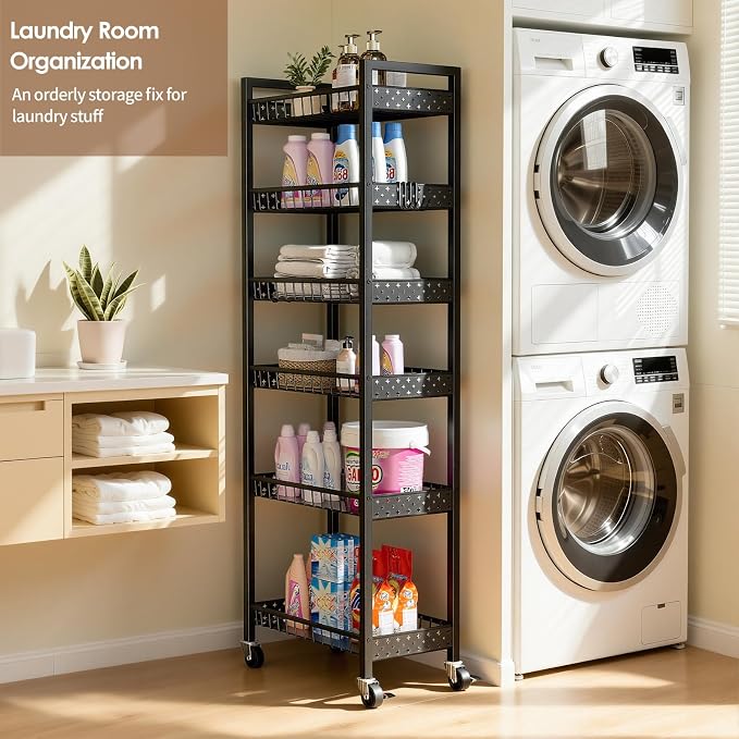 6 Tier Slim Storage Cart, Narrow Rolling Cart with Wheels, Narrow Mobile Utility Shelf Unit Organizer for Kitchen, Bathroom, Laundry Room, Living Room, Small Places, 10in(W), Black