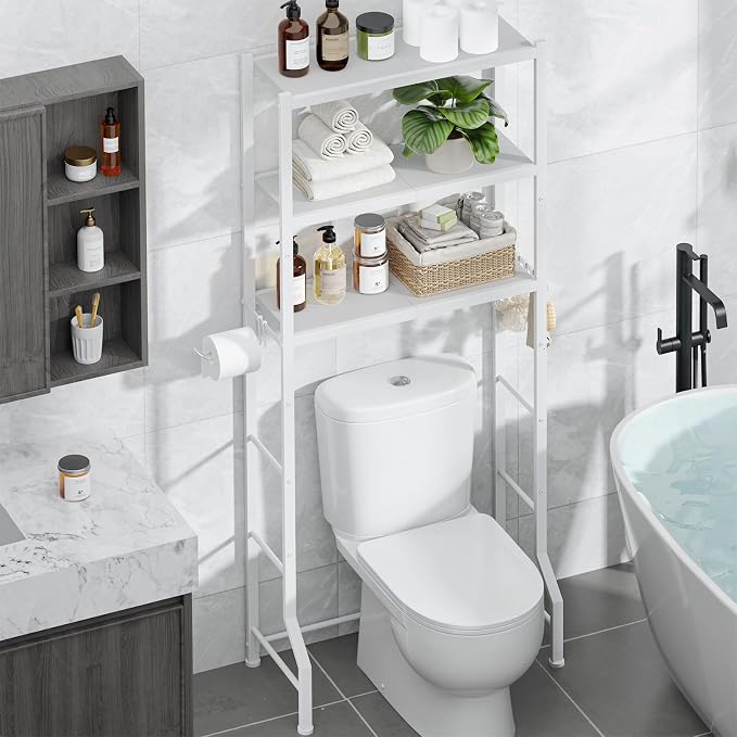 Kitsure Over The Toilet Storage Cabinet, Sturdy Bathroom Organizer, Easy Assembly, 3-Tier Shelf (61" H), Space Saving Storage for Small Bathroom, Heavy Duty Metal Frame, White