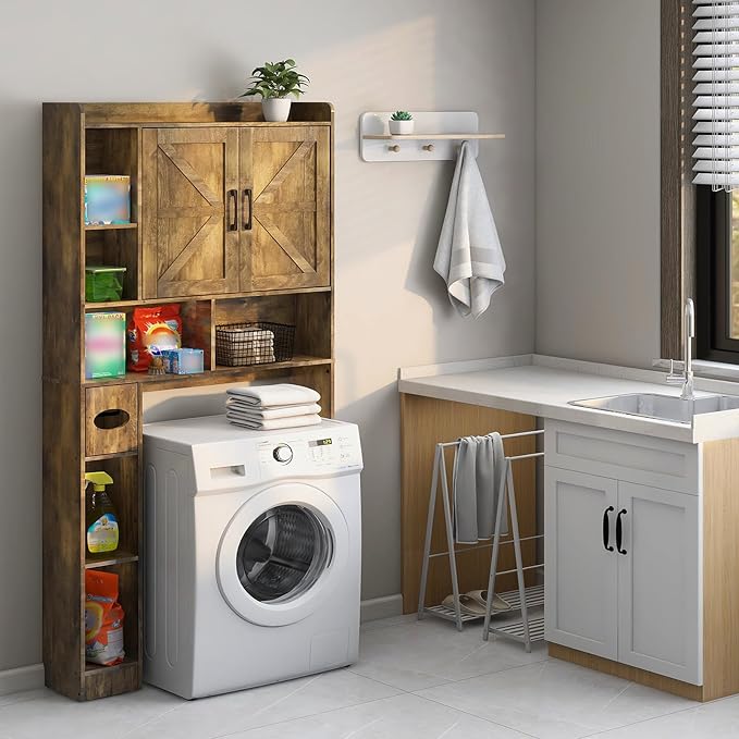 Vabches Over The Toilet Storage Cabinet, Farmhouse Storage Cabinet Over Toilet with 2 Barn Doors & Toilet Paper Holder Stand，Home Space-Saving Toilet Rack, for Bathroom, Restroom, Laundry.