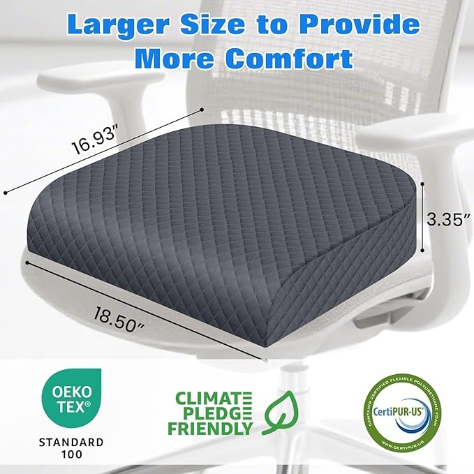 Seat Cushion for Office Chair, Memory Foam Chair Cushions, Car Seat Cushion for Long Sitting, Desk Chair Cushion for Pressure Relief, Non-Slip Bottom, Washable Cover, X-Large, Grey