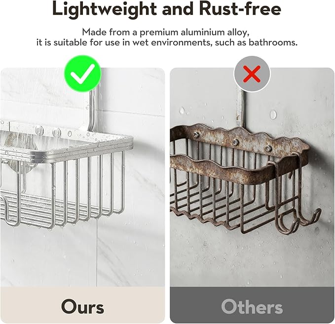 Shower Caddy Hanging, Never Rust Shower Organizer Hanging, Aluminum Shower Racks for Inside Shower with Hooks for Razor, Bathroom Organizers and Storage with Soap Holder, Bright Silver
