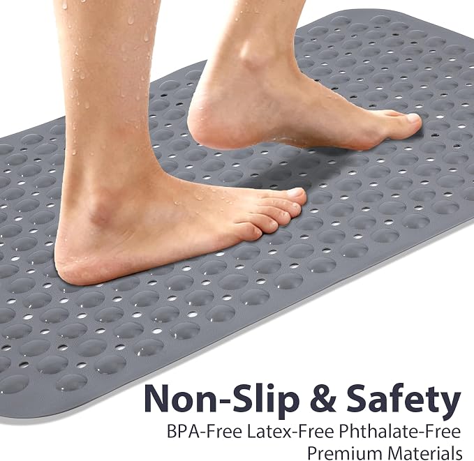 Grey Bathtub Mat Shower Mat Non Slip 17x30 Inch Standard Size, Soft Bubble Bath Tub Mat Shower Mats for Inside Shower Bathroom Floor Mat with Big Suction Cups & Drain Holes, BPA-Free