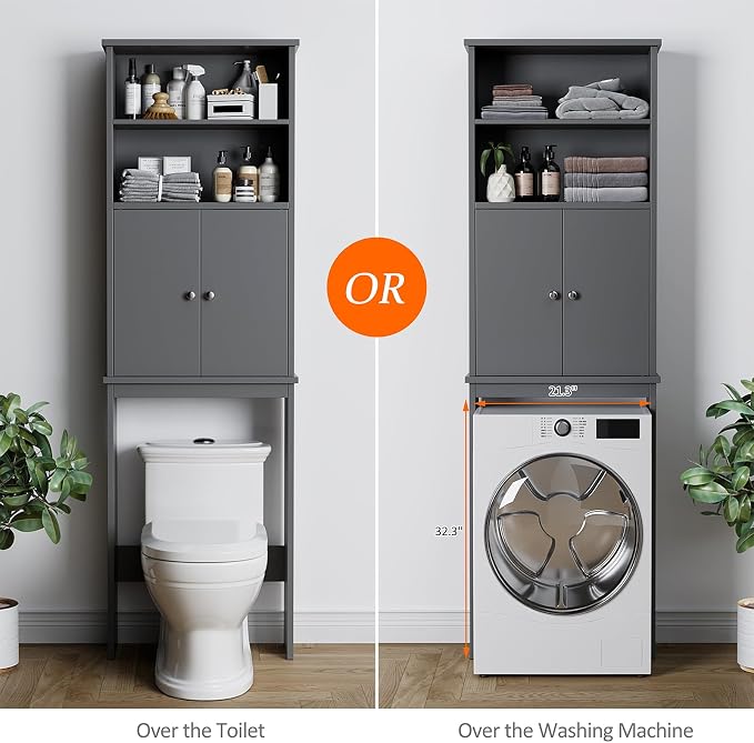 Over the Toilet Storage Cabinet for Bathroom, 75in Over Toilet Cabinet Freestanding Storage Organizer, Space Saver with Doors and Adjustable Shelf, Grey