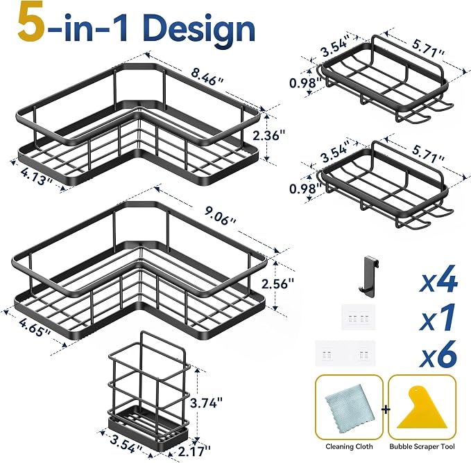 YASONIC Corner Shower Caddy, 5-Pack Adhesive Rustproof Stainless Steel Shower Organizer with Soap Holder, No Drilling Shower Shelf for Inside Shower, Dorm, Renters, Black