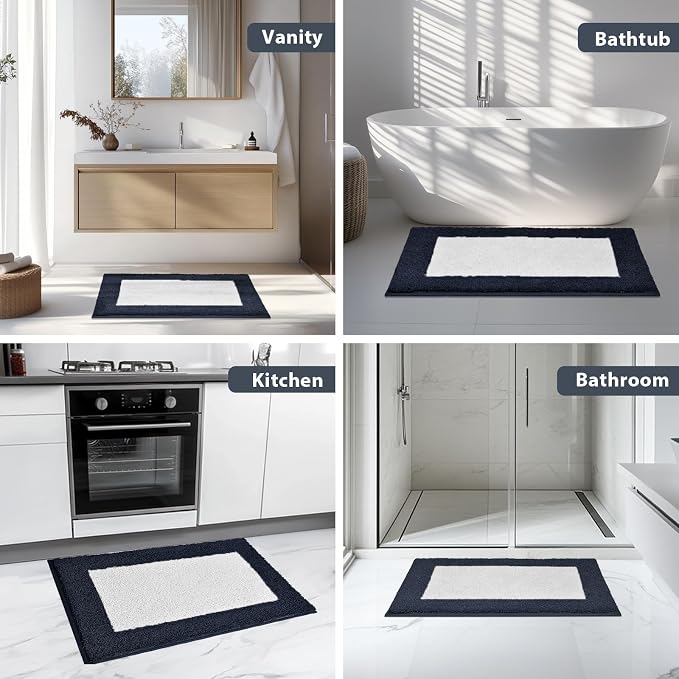 anllugs Bathroom Rugs 24" x 60", Non-Slip Extra Soft Absorbent Bath Rugs, Machine Washable Quick Dry Bath Mats for Bathroom Floor, Shower, Bathtub and Sink, Navy Blue & White