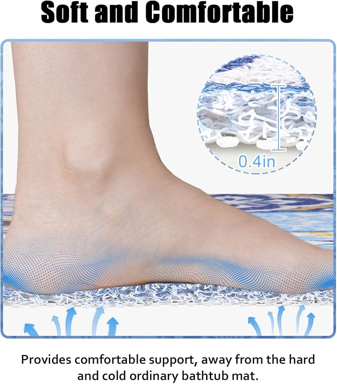Bathtub Mat Shower Mat Non-Slip 16x 39 Inch, Soft Comfort Bath Mat with Drainage Holes, PVC Loofah Massage Bathmat for Shower, Tub, Bathroom, Wet Areas, Quick Drying