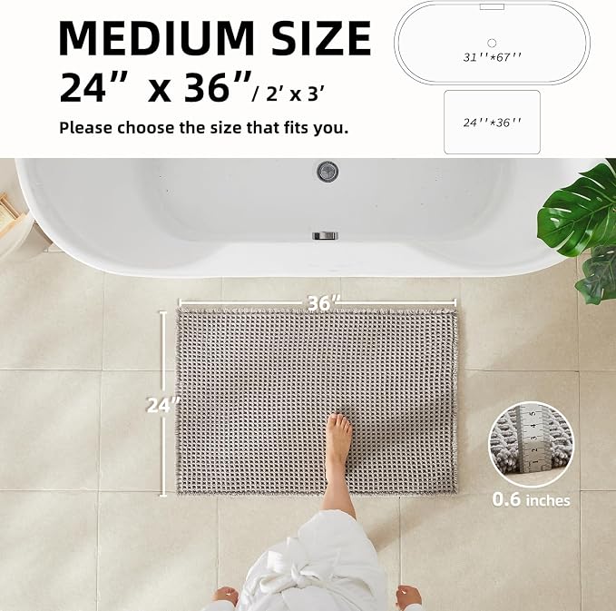 TYUU Waffle Bath Mat, Boho Bathroom Rugs Non Slip Washable Super Absorbent Quick Dry Bath Mat Farmhouse Bathroom Decor, 36"x24" Light Grey