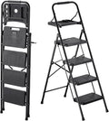 VEVOR 4 Step Ladder, Folding Step Stool with Wide Anti-Slip Pedal, Tool Tray, Comfort Handgrip, 600 lbs Capacity Portable Steel Ladder, Multi-Use for Kitchen, Home, Household and Office, Black