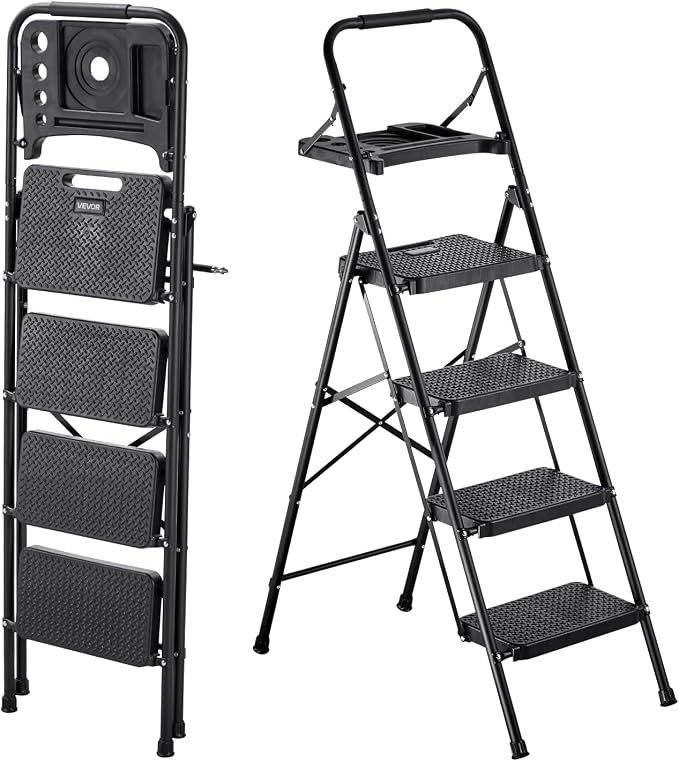 VEVOR 4 Step Ladder, Folding Step Stool with Wide Anti-Slip Pedal, Tool Tray, Comfort Handgrip, 600 lbs Capacity Portable Steel Ladder, Multi-Use for Kitchen, Home, Household and Office, Black