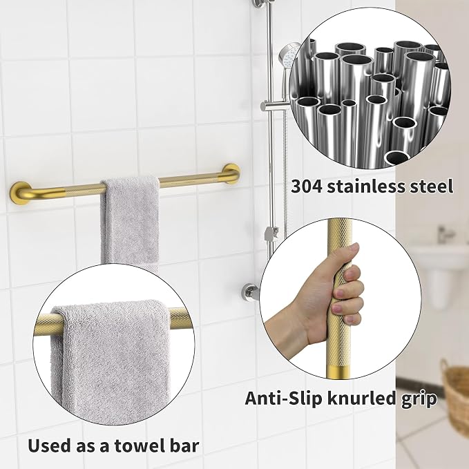 Shower Grab Bar 32 Inch, iHansee Brushed Gold Bathroom Grab Bar w/Anti-Slip Knurled Grip, Stainless Steel Bath Safety Bars Support Handrail for Senior Elderly, Toilet Bathtub Balance Handle for Wall