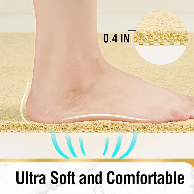 HITSLAM Non Slip Bathtub Mat 24 x 24 Inch, Extra Long Bath Mat for Tub, Soft PVC Loofah Shower Floor Mat with Drain, Quick Drying Bathroom Tub Mat for Wet Area, Without Suction Cup, Beige