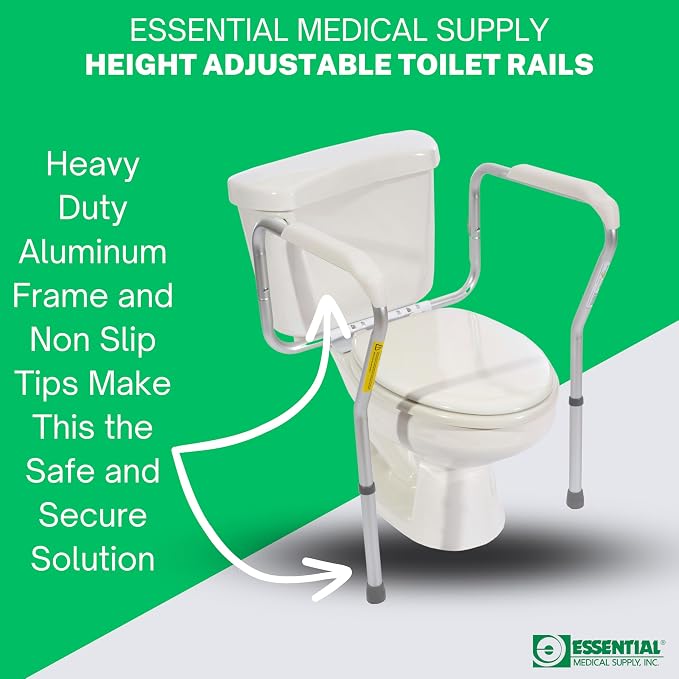 Essential Medical Supply Adjustable Toilet Safety Rails with Handles - Sturdy and Secure Toilet Frame for Elderly and Seniors - Toilet Helper with Adjustable Handles for Added 250lb Support and Safety