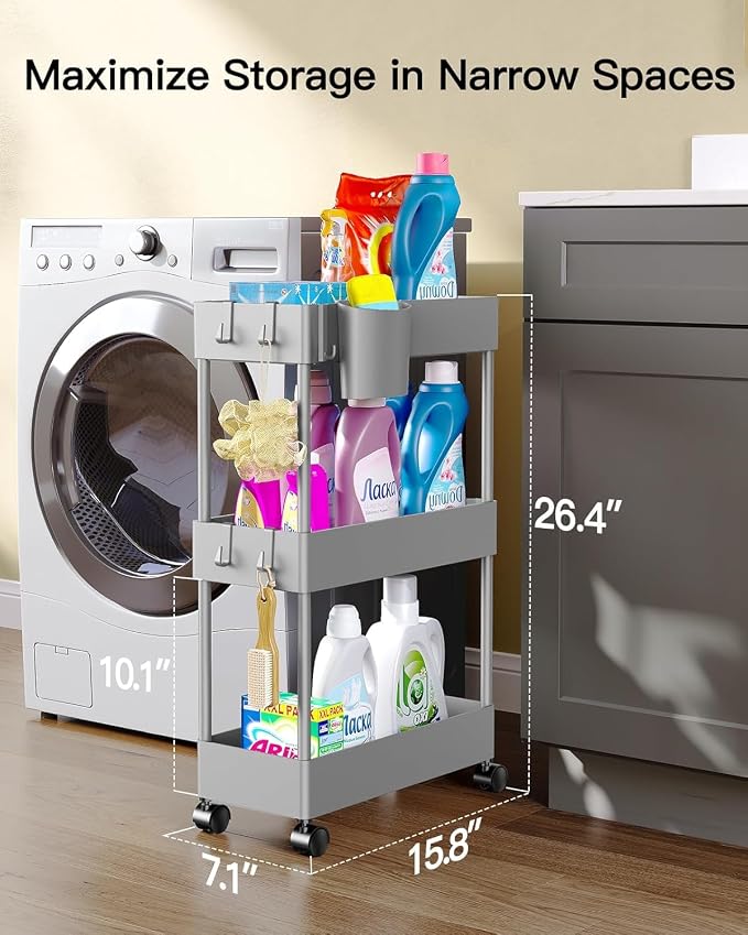 Pipishell Slim Storage Cart with Wheels - 3 Tier Bathroom Organizers and Storage Cart - Rolling Carts for Bathroom, Kitchen, Narrow Space, Laundry Room,Gray