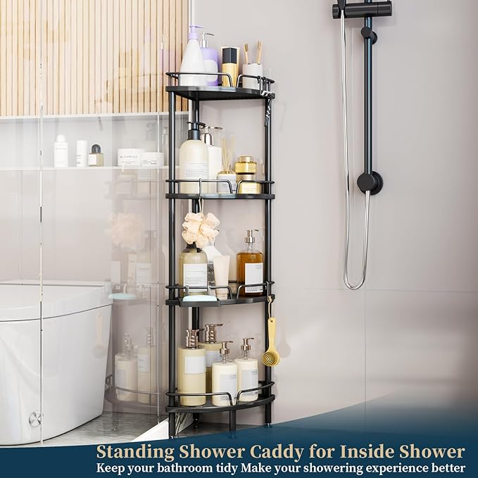 Consumest Corner Shower Caddy Stand - 4 Tier Shower Organizer with Soap Holder, Tall Floor Corner Shelf Standing with Adjustable Feet & 4 Hooks, Storage Rack for Bathroom Black
