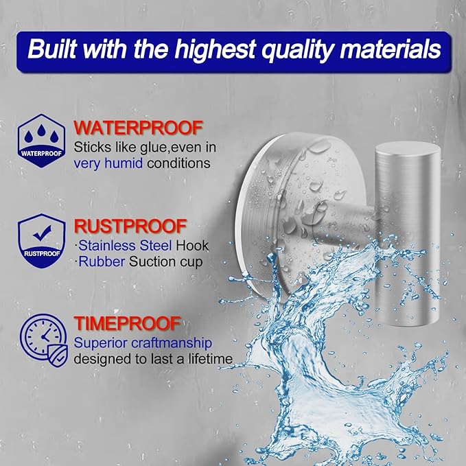 Bntuk Suction Cup Hooks, Shower Hooks for Inside Shower – Removable Towel Hooks for Bathroom Window Glass Mirror Tile, Bath Robe Looafh Hook for Hanging – Waterproof & Rustproof, Silver(2 Pack)
