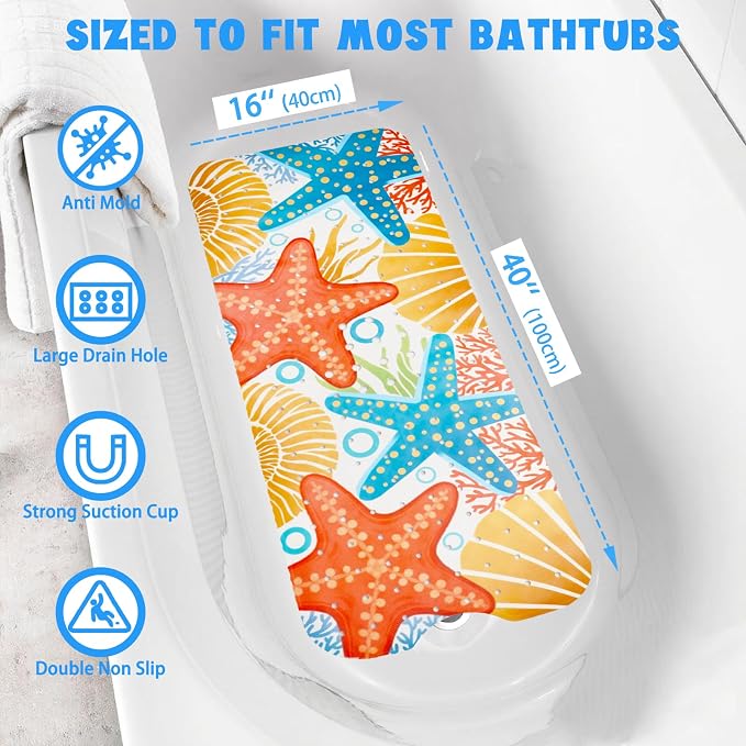 Ocean Bathtub Mat Non Slip, Cute Baby Bath Mat for Tub Rubber Tub Mat, Starfish Seashells Toddler Kids Bath Mats for Bathroom Anti Slip Shower Mat with Suction and Drain Holes Machine Washable,40″x16″