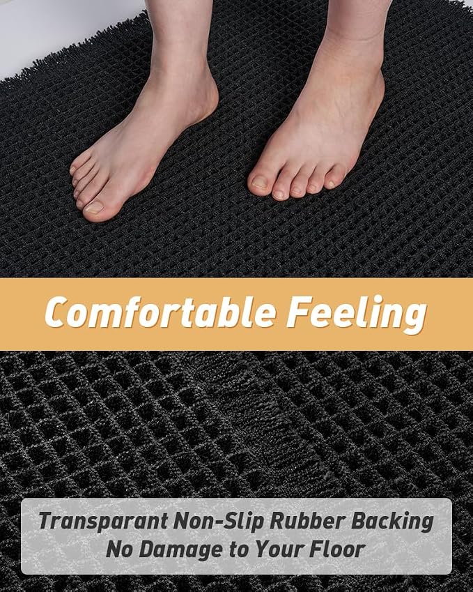 Upgraded Waffle Bath Mat Set of 2 Super Absorbent Non Slip Bath Mats for Bathroom Floor, Washable Boho Bathroom Rugs Set 2 Pieces with Tassels, Soft Bathroom Mat Set, Black, 18" x 30" Plus 24" x 48"