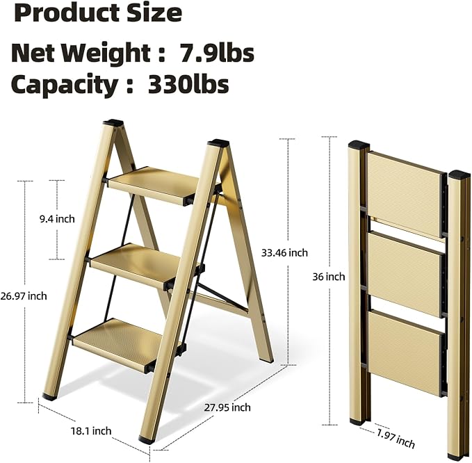 HillhutApex 3 Step Ladder, Lightweight Portable 3 Step Stool with Anti-Slip Wide Pedal,330lbs Capacity Aluminum Ladder for Household,Office,Library(Gold)