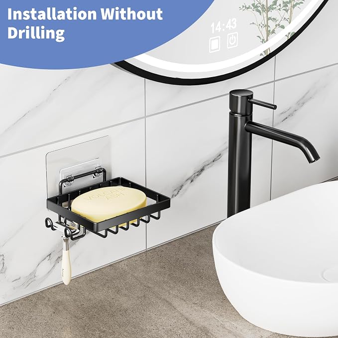 Moforoco Black Soap Dish, Soap Bar Holder for Shower, No Drilling Bathroom Accessories, Wall Mounted Soap Holder with Hooks, Shower Rack Tray Bar for Suitable for Bathroom, Kitchen Sink