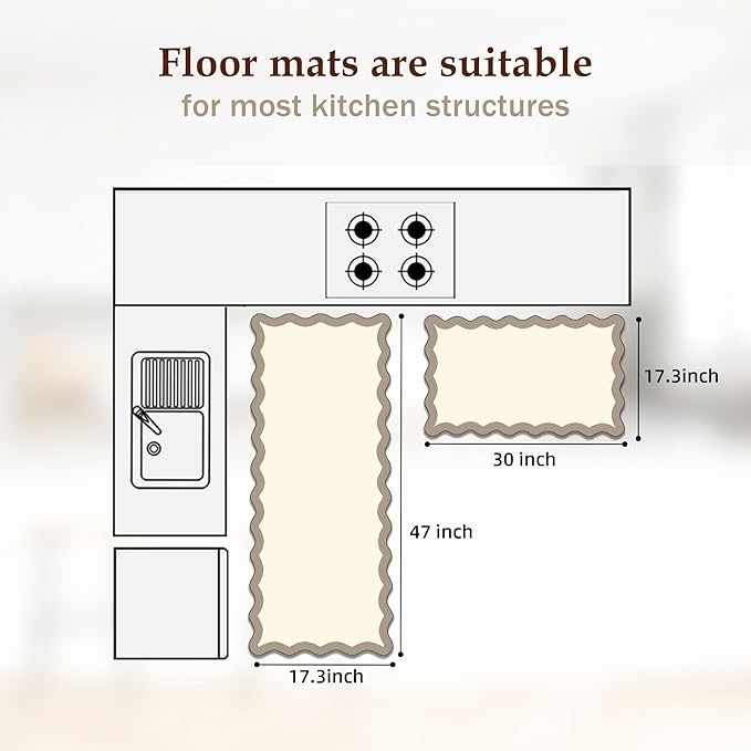 Arenarug Scalloped Kitchen Mats Rugs Sets of 2 Cushioned Anti Fatigue Floor Mat Waterproof Kitchen Rugs Non Slip Foam Comfort Standing Mat for Sink Laundry, Khaki