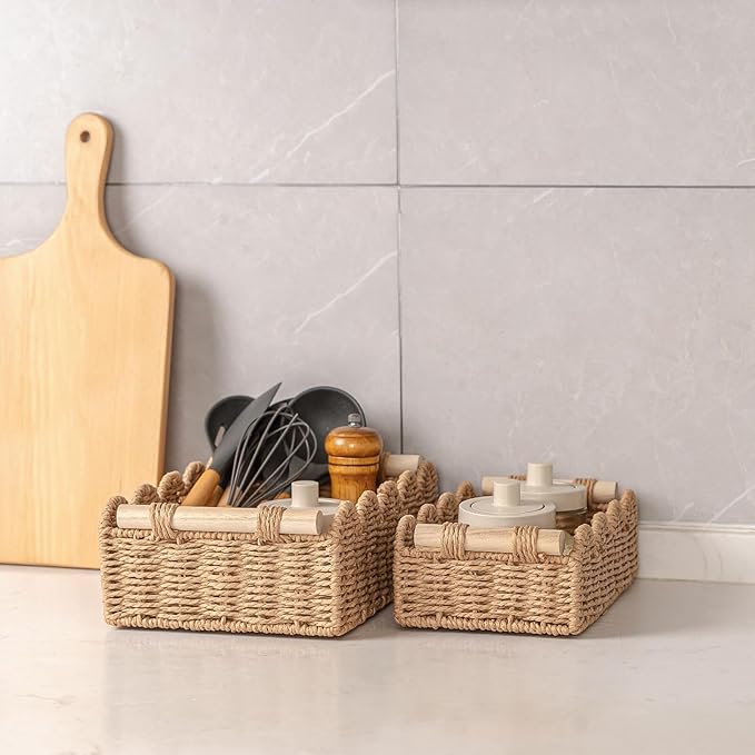 CubesLand Toilet Paper Storage Organizer Basket, Scalloped Decorative Baskets for Over Toilet Shelves, Wicker Small Basket Perfect for Home Countertop Storage & Decor, Living Room Shelf Decor, Neutral