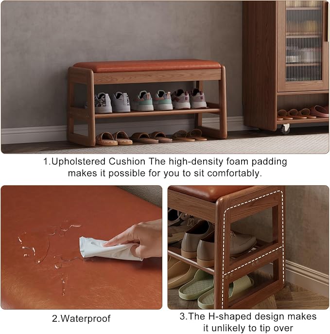 AQIMUELE Shoe Rack Bench,2 Tiers Shoe Bench with Storage with Flip-Top,Wood Shoe Rack for Entryway,Hallway（Orange Upholstered Seat,11.8" D x 31.5" W x 15.7" H）
