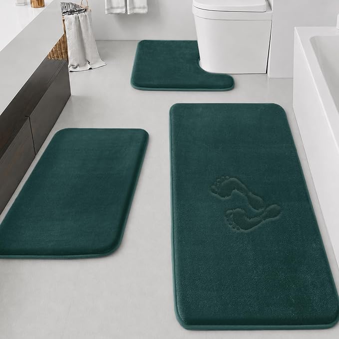 HUXMEYSON Bathroom Rugs Sets 3 Piece, Non-Slip & Quick Dry Bath Mat Set, Ultra Soft Velvet Bath Rugs for Bathroom, Toilet and Shower Floor, Peacock Blue