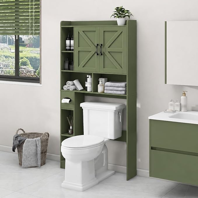 Vabches Over The Toilet Storage Cabinet, Farmhouse Storage Cabinet Over Toilet with 2 Barn Doors & Toilet Paper Holder Stand，Home Space-Saving Toilet Rack, for Bathroom, Restroom, Laundry. Green