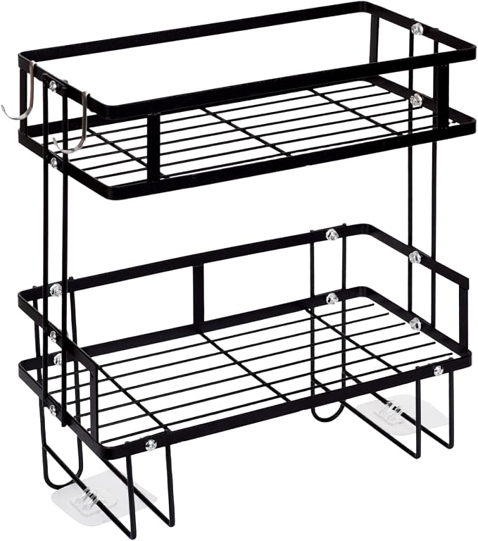 PowerKing Over The Toilet Storage Shelf, 2-Tier Bathroom Organizer Rack with 2 Hooks, No-Drill, Rust-Resistant Steel, Toilet Paper Holder for Restroom Bathroom, Black