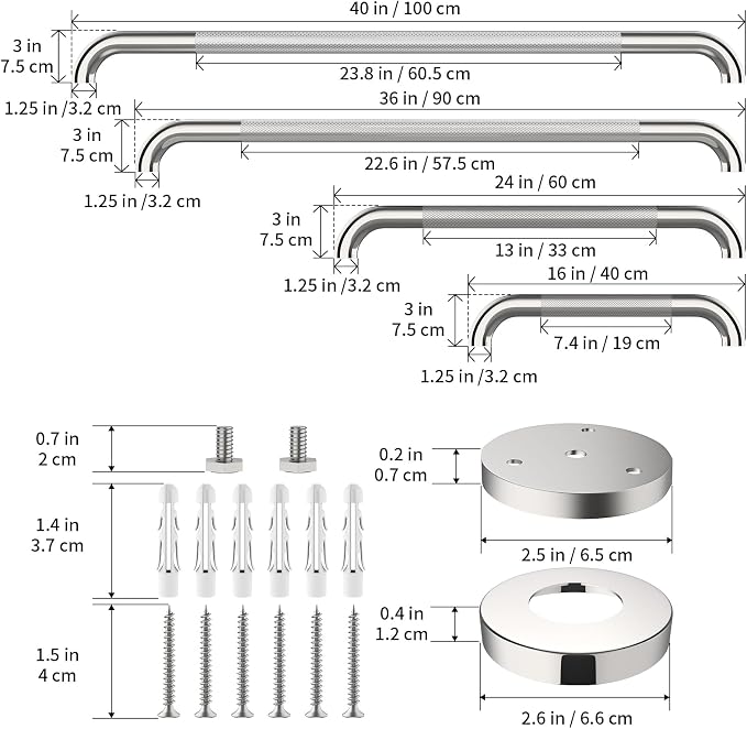 Chrome Grab Bar 4 Pack, iHansee Anti-Slip Bathroom Grab Bar w/Knurled Grip 16/24/36/40 Inch Combo, Stainless Steel Safety Handrail for Shower Toilet, Wall Mounted Handicap Bars for Home & Commercial