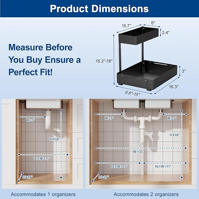 2 Pack Under Sink Organizer, Insputer 2 Tier Under Cabinet Storage Expandable Width 9.8"-15" & Height Adjustable, Thickened Pull Out Shelf for Bathroom, Kitchen, Laundry, Pantry(Black)
