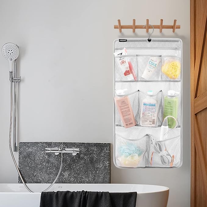 Mesh Shower Organizer Hanging Caddy Quick Dry Bathroom Storage for Toiletry Accessories with Rotating Hanger (8 Pockets)
