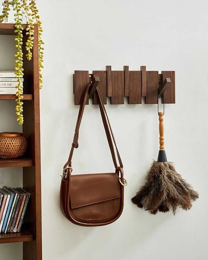 Wood Coat Rack Wall Mount - Large Walnut Piano Coat Rack wtih 5 Hooks for Hanging Clothes,Keys,Robes,Purse,Towels,Modern Decorative Wall hooks Heavy Duty Hanger Organizer for Bathroom/Bedroom/Entryway