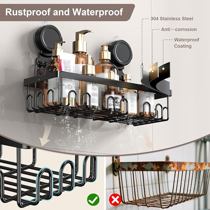 JOTPE Shower Caddy Suction Cup, Powerful Suction Storage Shelf Holds Up to 40 lbs, No Drilling Bathroom Organizer with Large Capacity, Removable & Reusable Shower Basket with Hooks, Rustproof, Black
