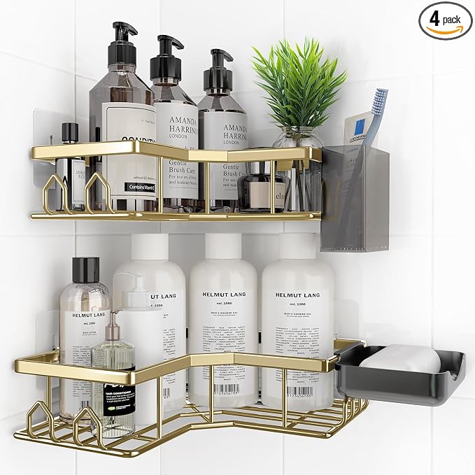 Adhesive Shower Caddy, 4 Pack Corner Bath Organizer, Rustproof Stainless Steel Shower Shelves with Large Capacity, No Drilling Shelves for Bathroom Storage, Home, Kitchen Décor(Gold)