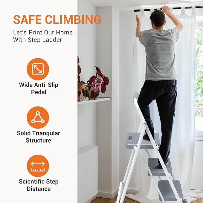 Sweetcrispy Folding 3 Step Ladder Stool - Lightweight, 800lbs Sturdy, with Anti-Slip Feet - Perfect for Home, Kitchen, and Office Use, Easy Storage and Portable Design, Grey