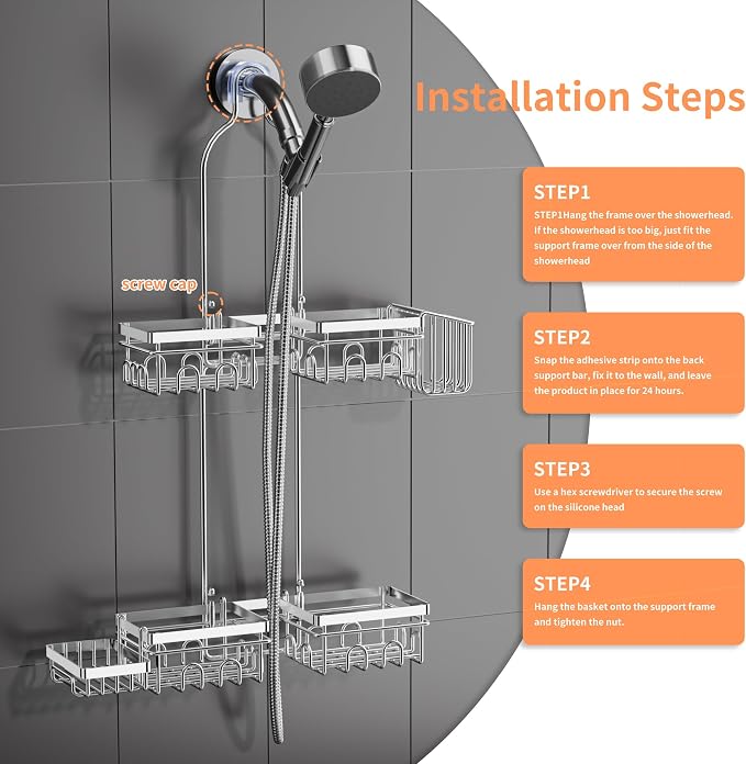 DAOYA Shower Caddy Hanging - Over Shower Head Caddy, 0.82 inch Universal with 2 Shelves, Soap Holder, Toothbrush Holder & Reusable Suction Hook, Complete Silver Bath Organizer Set