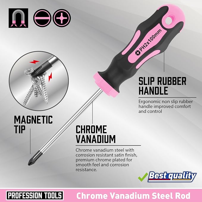 Amartisan 10-Piece Magnetic Screwdrivers Set, 5 Phillips and 5 Slotted Tips Professional Cushion Grip Screwdriver Set 2pcs Portable Multifunction Key Mini Screwdriver (Pink)