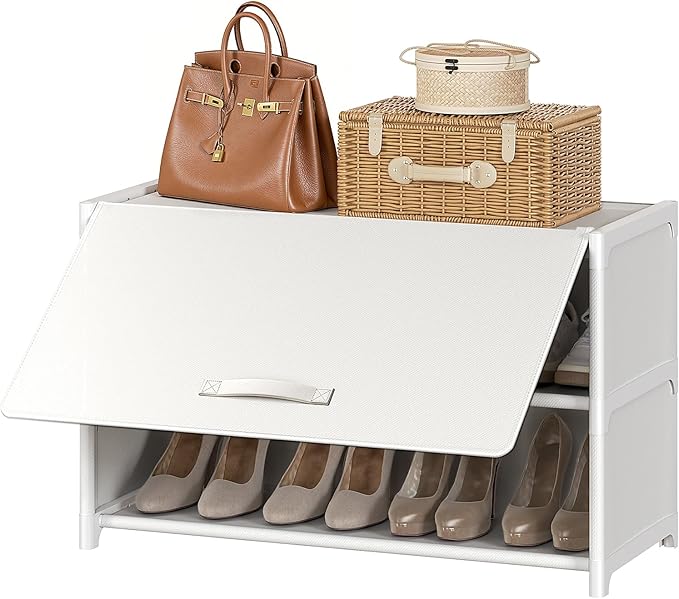 Shoe Rack, 3 Tier Shoe Storage Cabinet with Door 12 Pair Plastic Shoe Shelves Organizer for Closet, Entryway, Hallway, Bedroom, White