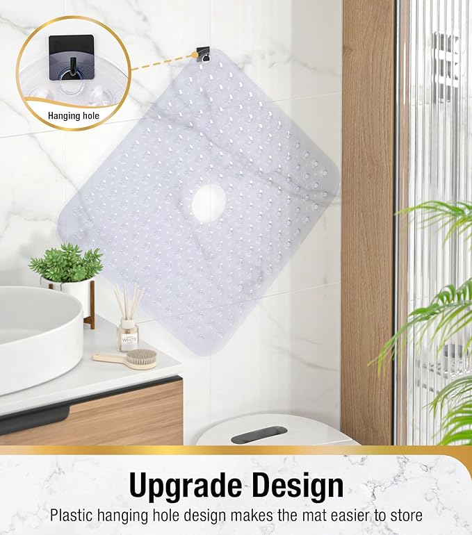 HITSLAM Shower Bathtub Mat Non Slip, 24"x 24" Bath Mat for Tub, Soft PVC Shower Mats for Inside Shower with Suction Cups and Center Drain Hole, Machine Washable Bathroom Floor Mat, Clear